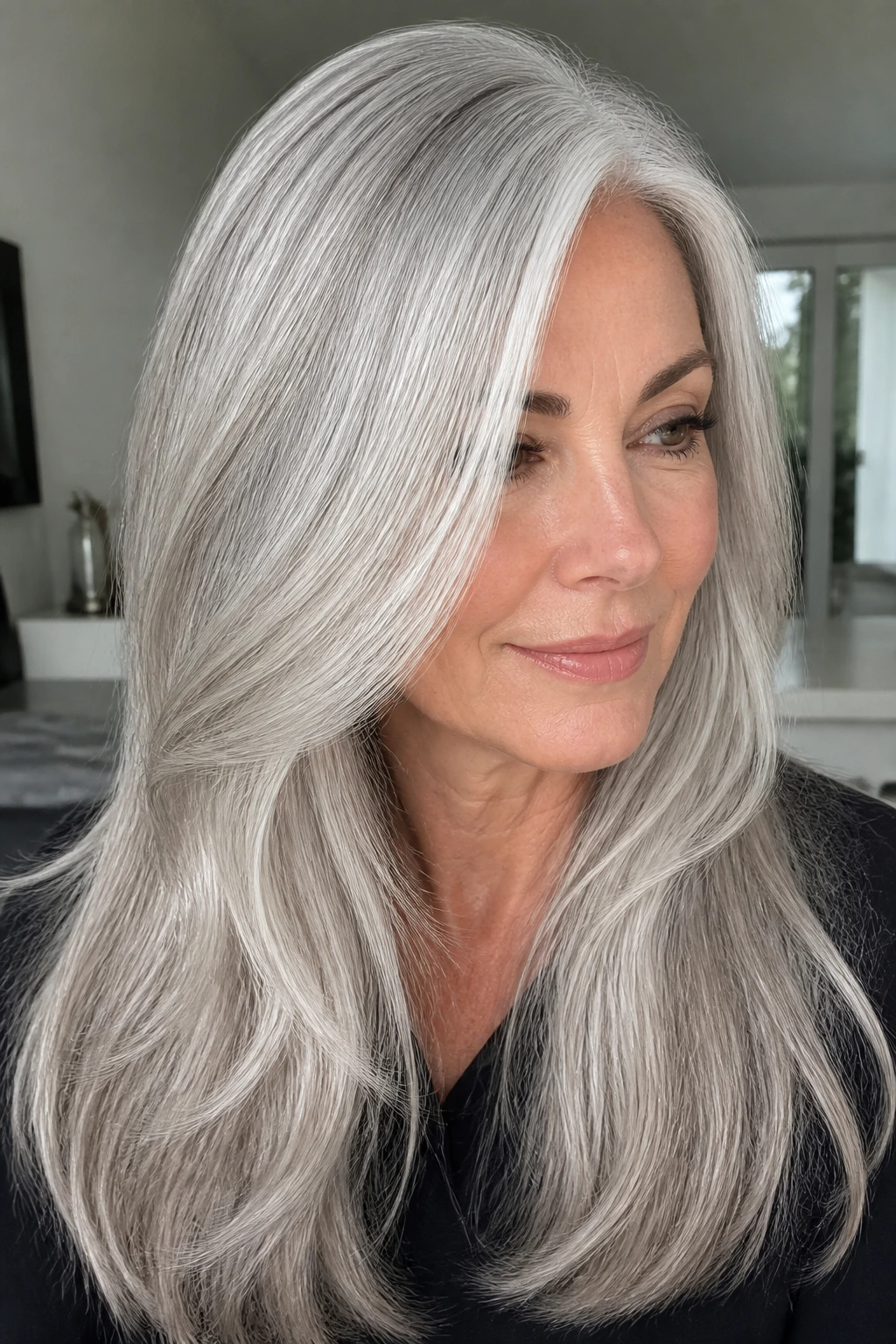 Portrait of a woman with sleek silver-gray hair and bright finish