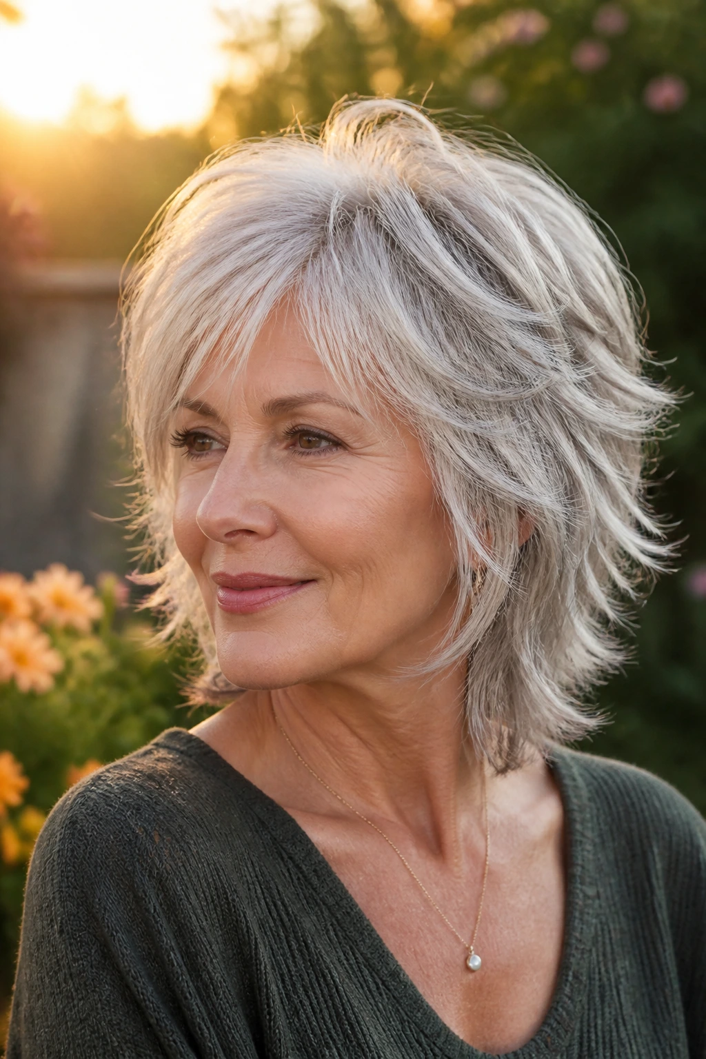 Close-up of a real woman with silver-gray feather shag in golden hour light