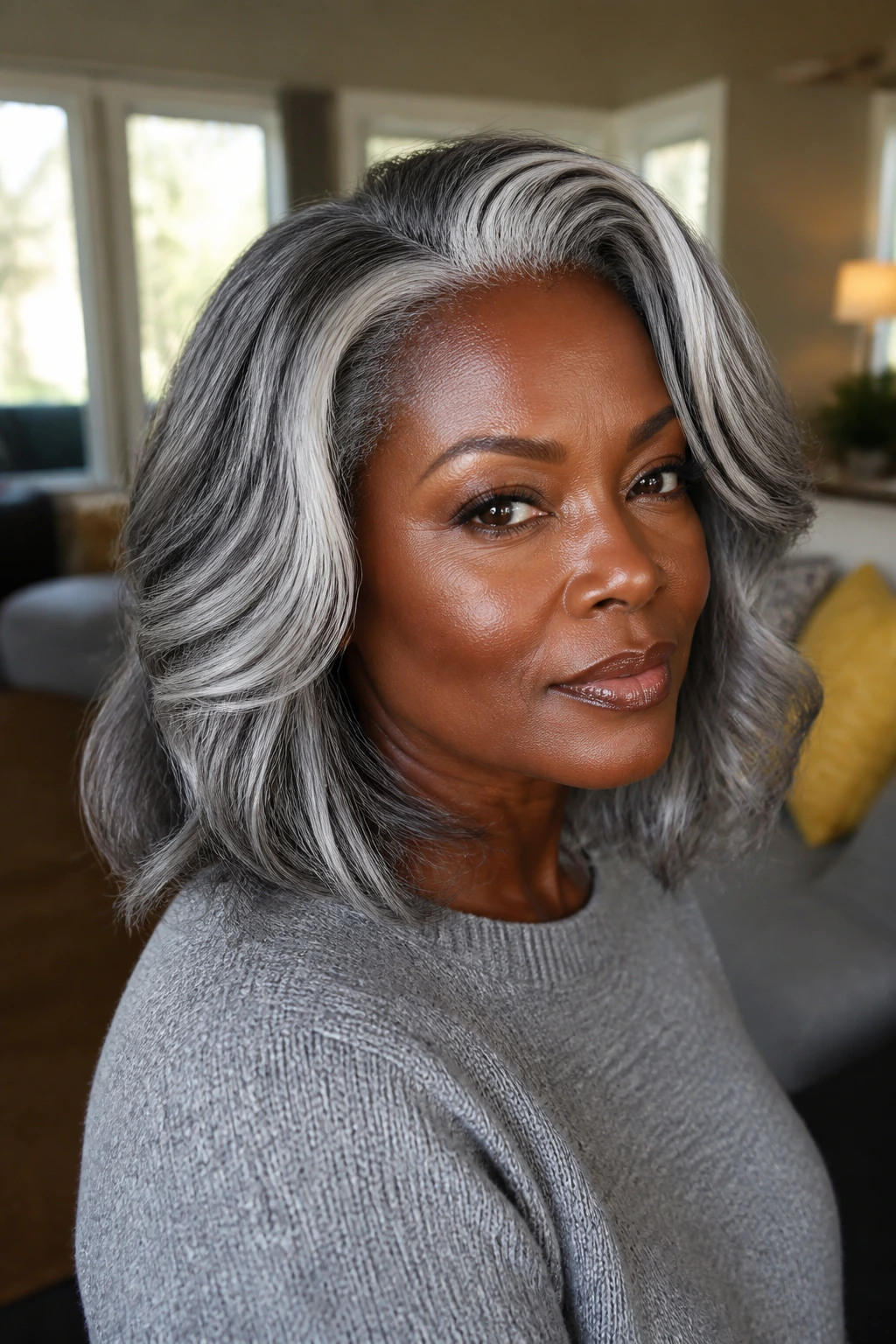 Close-up of a person with deep skin and silver-gray hair, showing rich metallic shade.