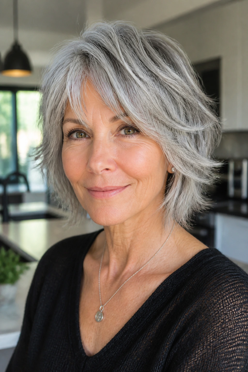 Portrait of a woman with silver-grey shag and face-framing layers.