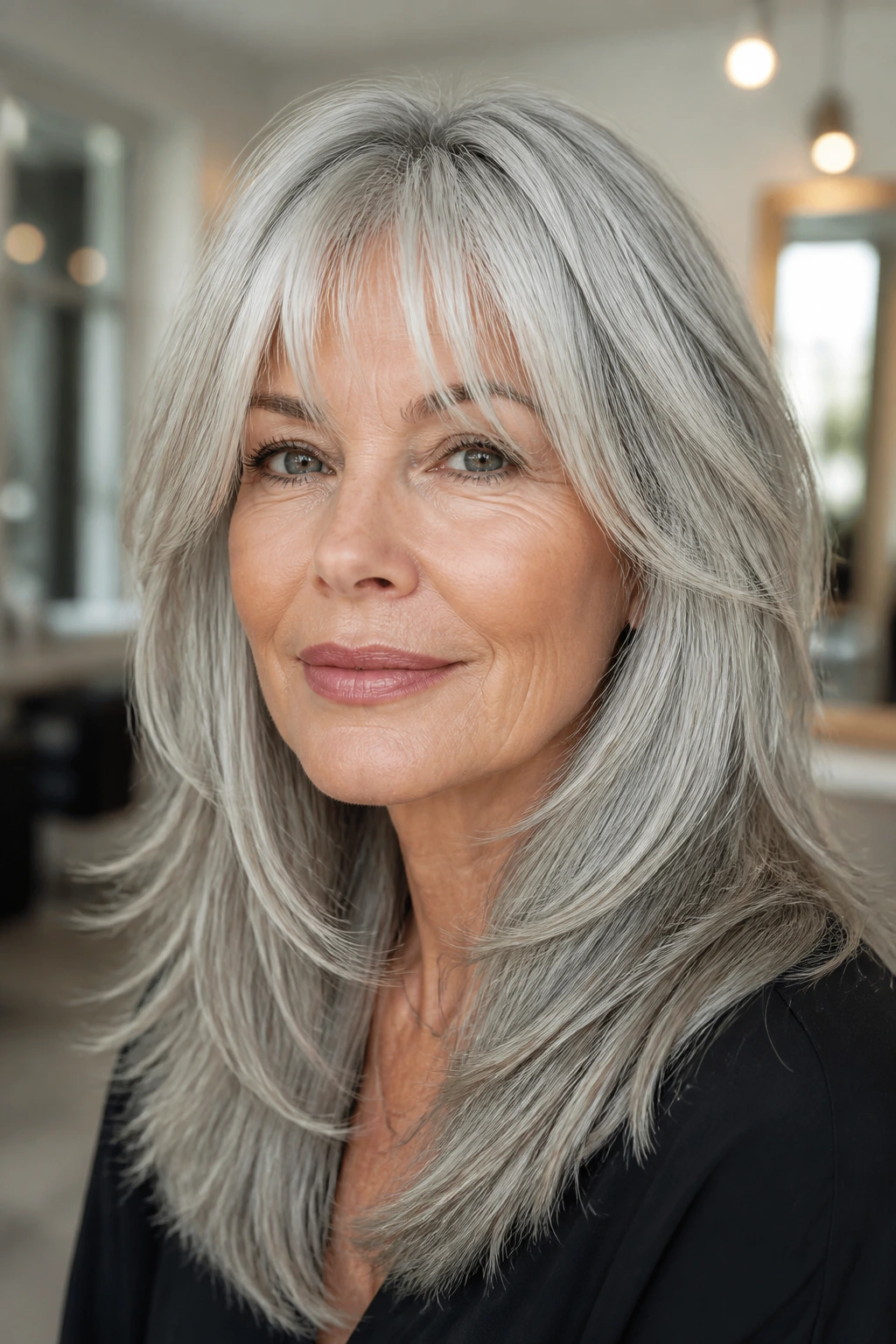 Close-up portrait of a silver-haired woman with airy bangs