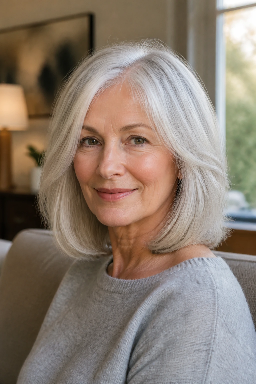 Close-up of a woman with silver and white blended-layer hair and beveled ends in a warm living room