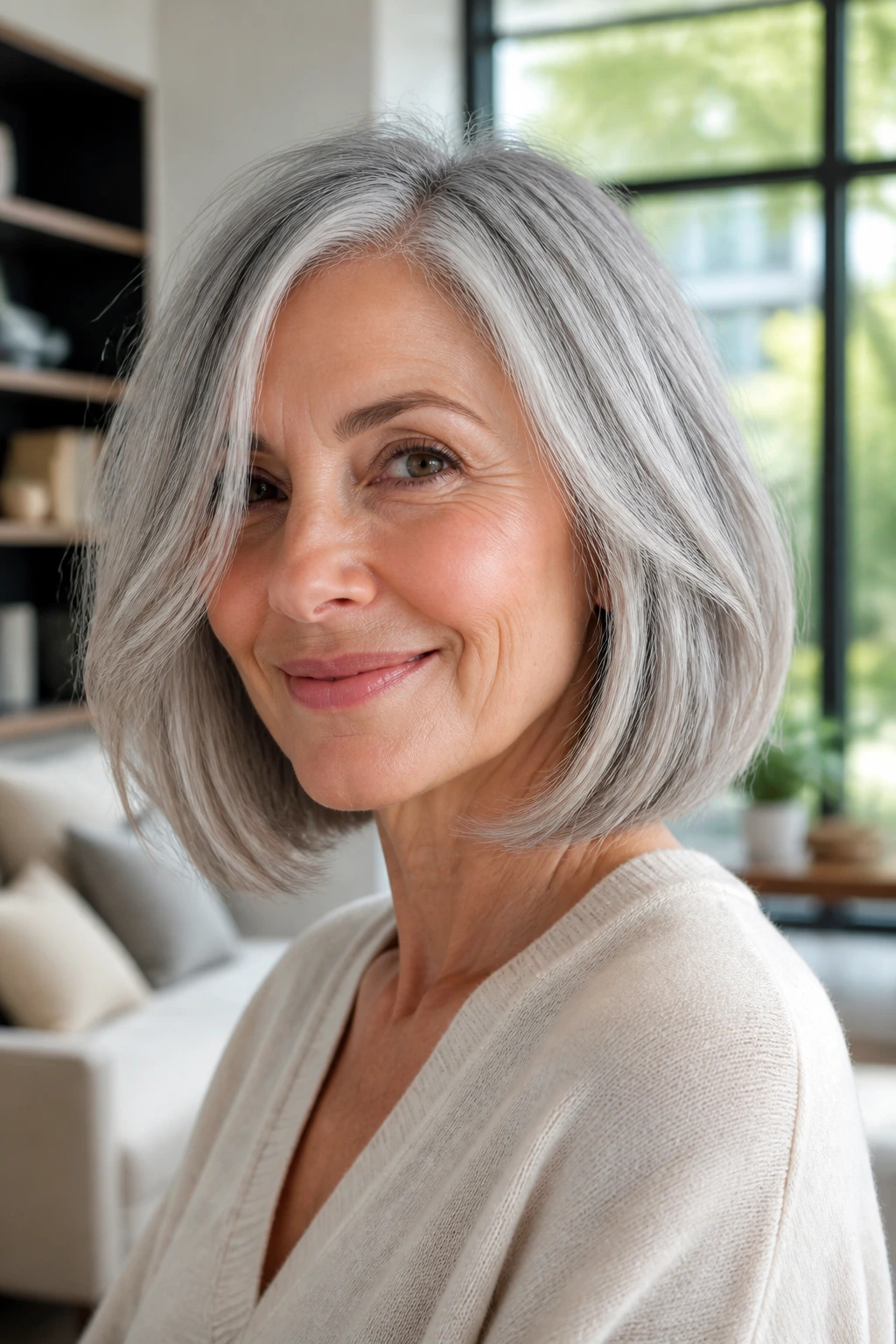 Portrait of a woman with a silver-enhancing bob in a bright room.