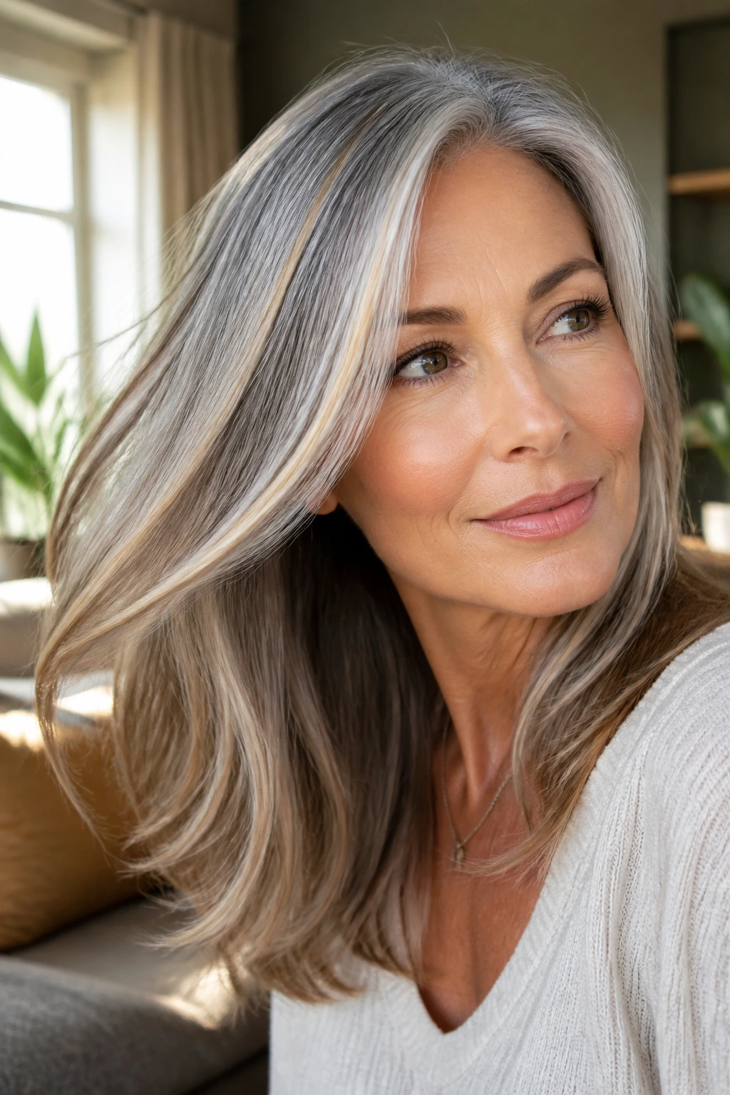 Real-woman portrait with steel silver hair and caramel ribbons under warm window light