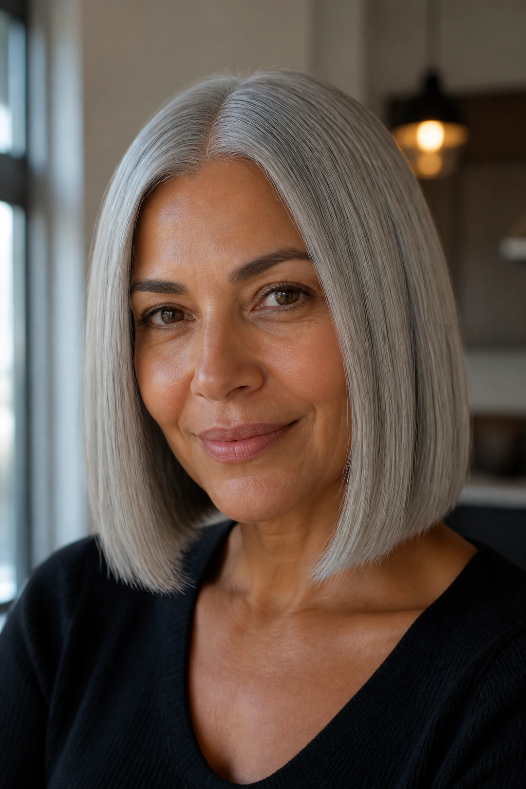 Portrait of a person with blunt silver lob and center part on medium skin.