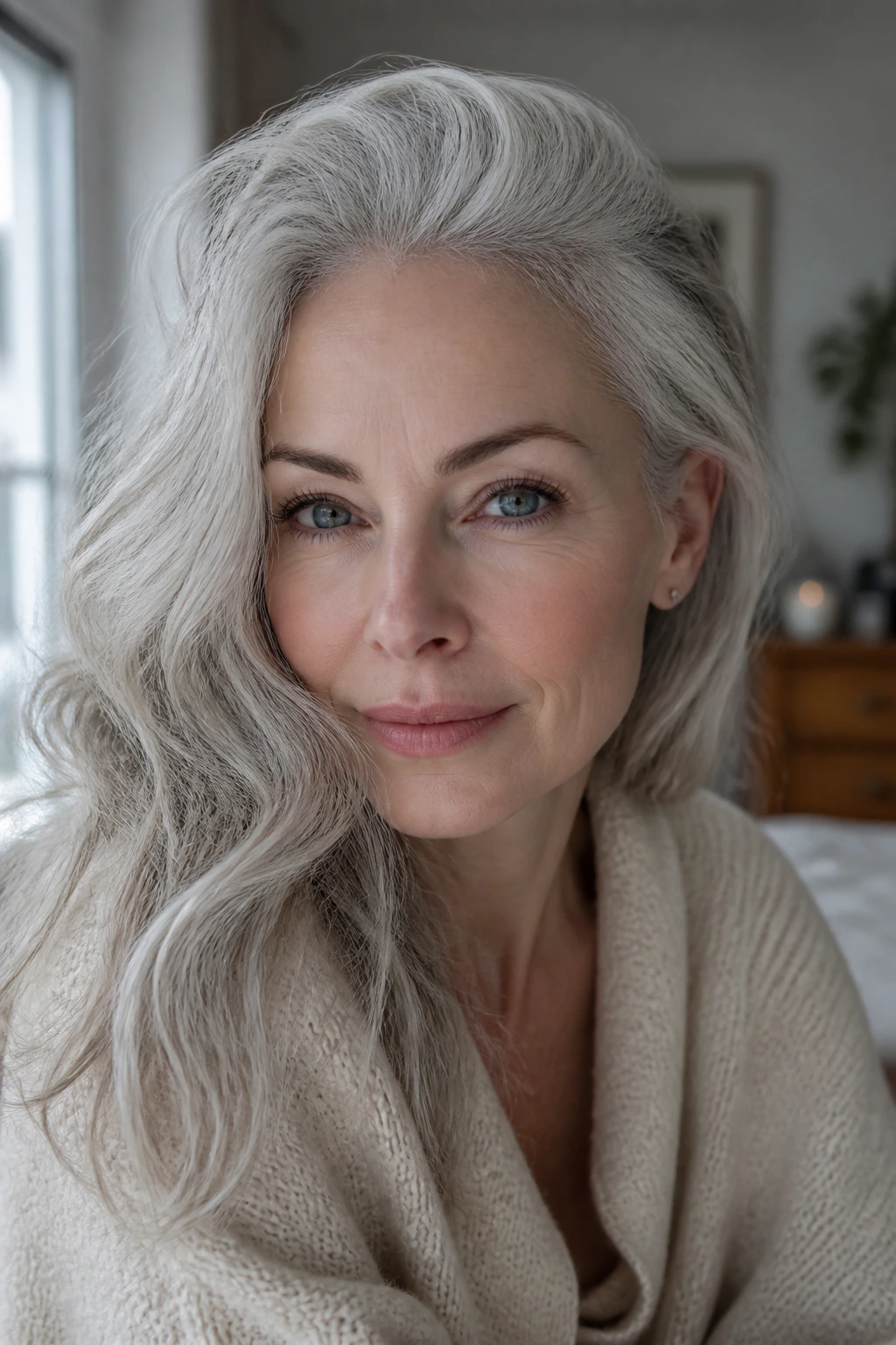 Close-up portrait of a real person with natural silver hair and cool-toned skin in soft window light