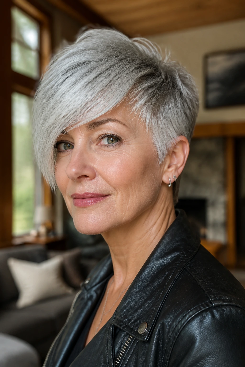 Portrait of a real woman with a silver side-swept crop, side-framed forehead sweep and short sides in natural light.