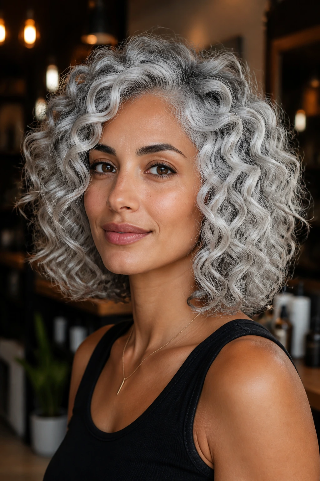Close-up of a real person with curly silver hair showing ribboning in a salon
