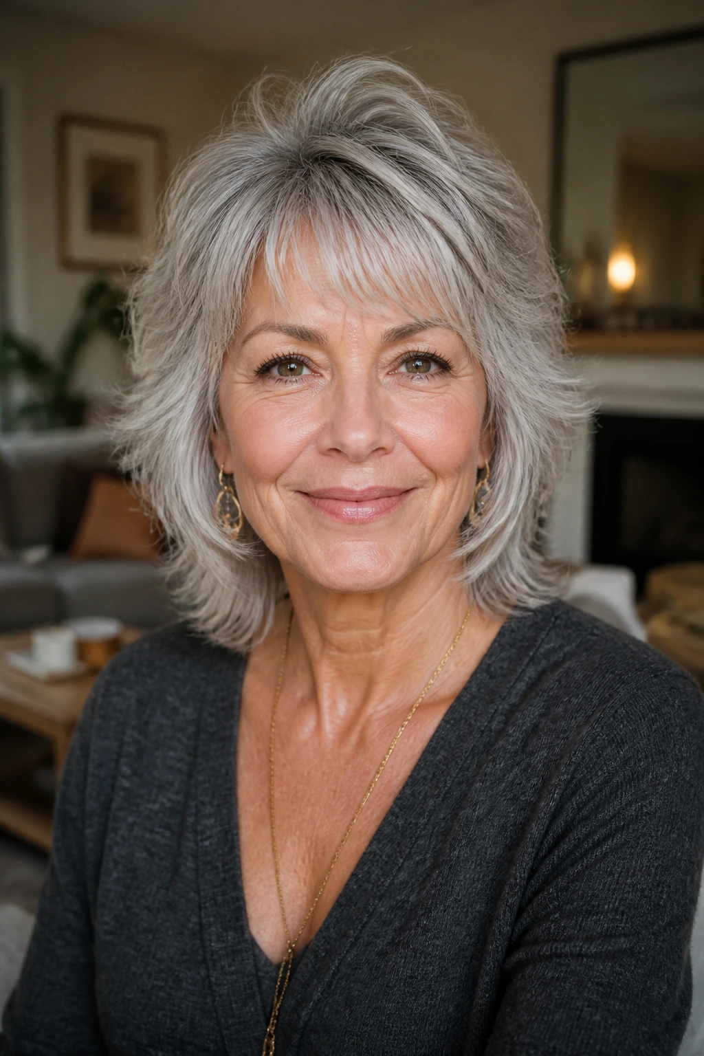 Close-up portrait of a real woman with a silver feather shag in a cozy living room.