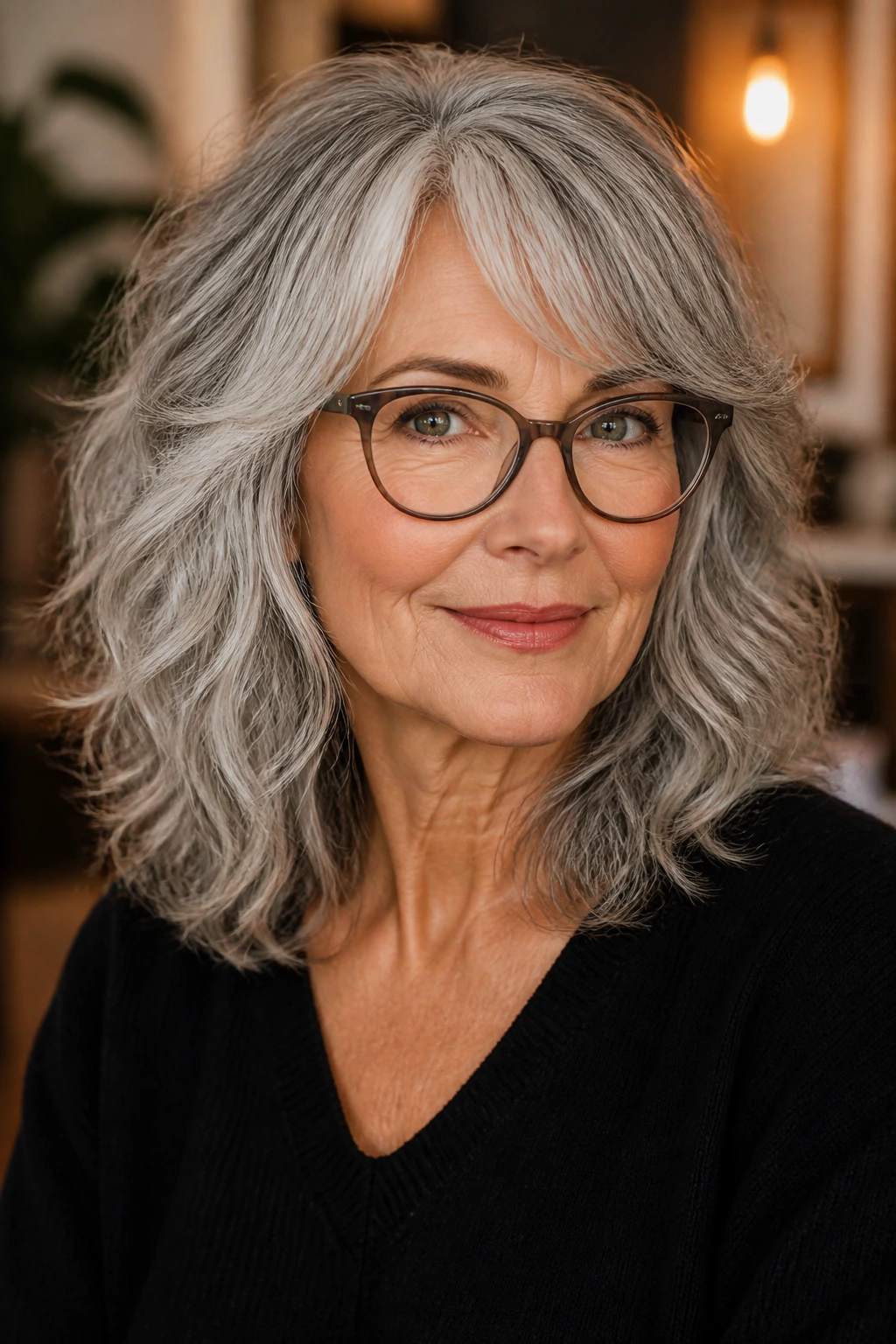 Real woman with silver hair and glasses, showing texture