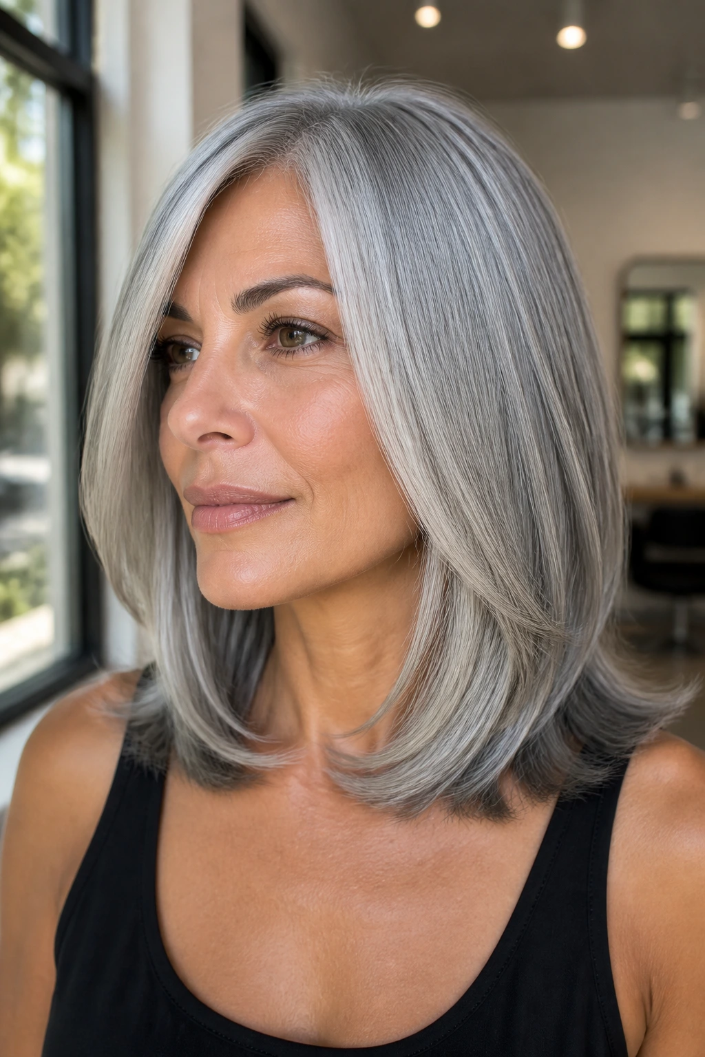 Close-up of a real woman with silver hair and glossy ends in natural salon light