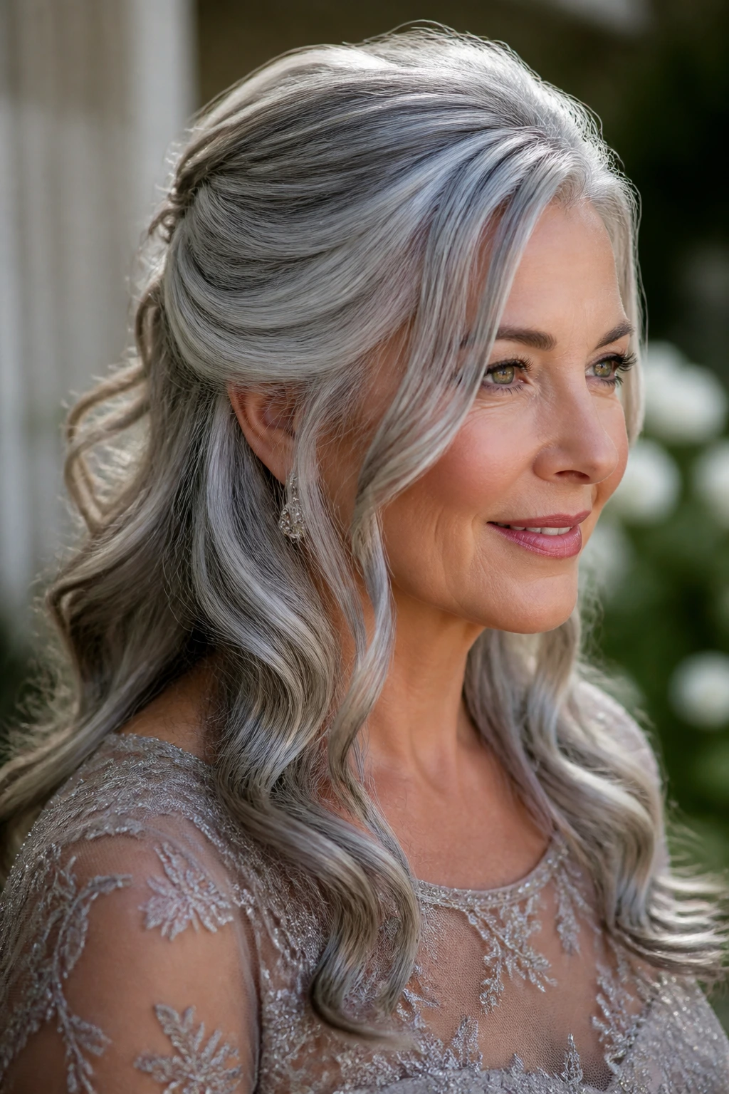 Close-up of silver-haired half-up with soft waves on a real person
