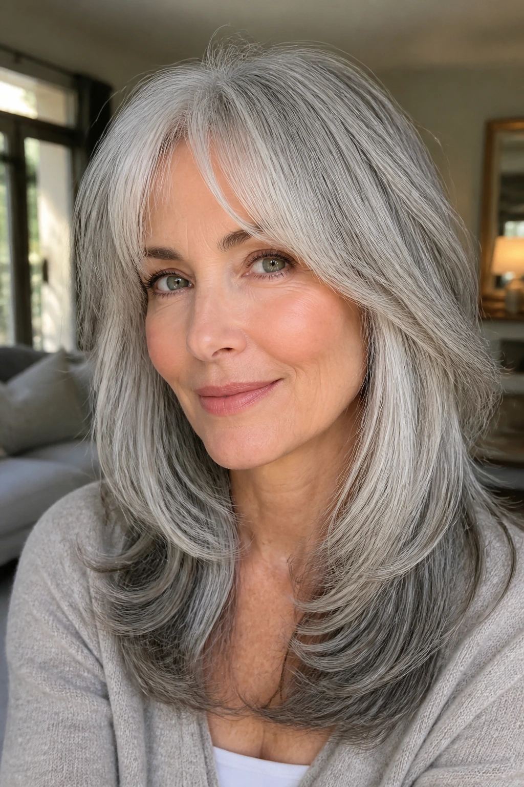 Close-up of a real woman with silver-gray layered hair and light curtain fringe.