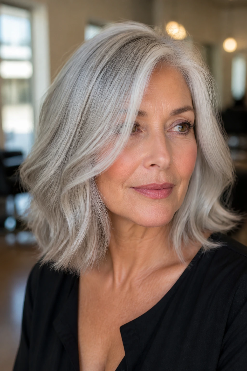 Close-up portrait of a real woman with a silver sweep lob and airy texture in soft window light.