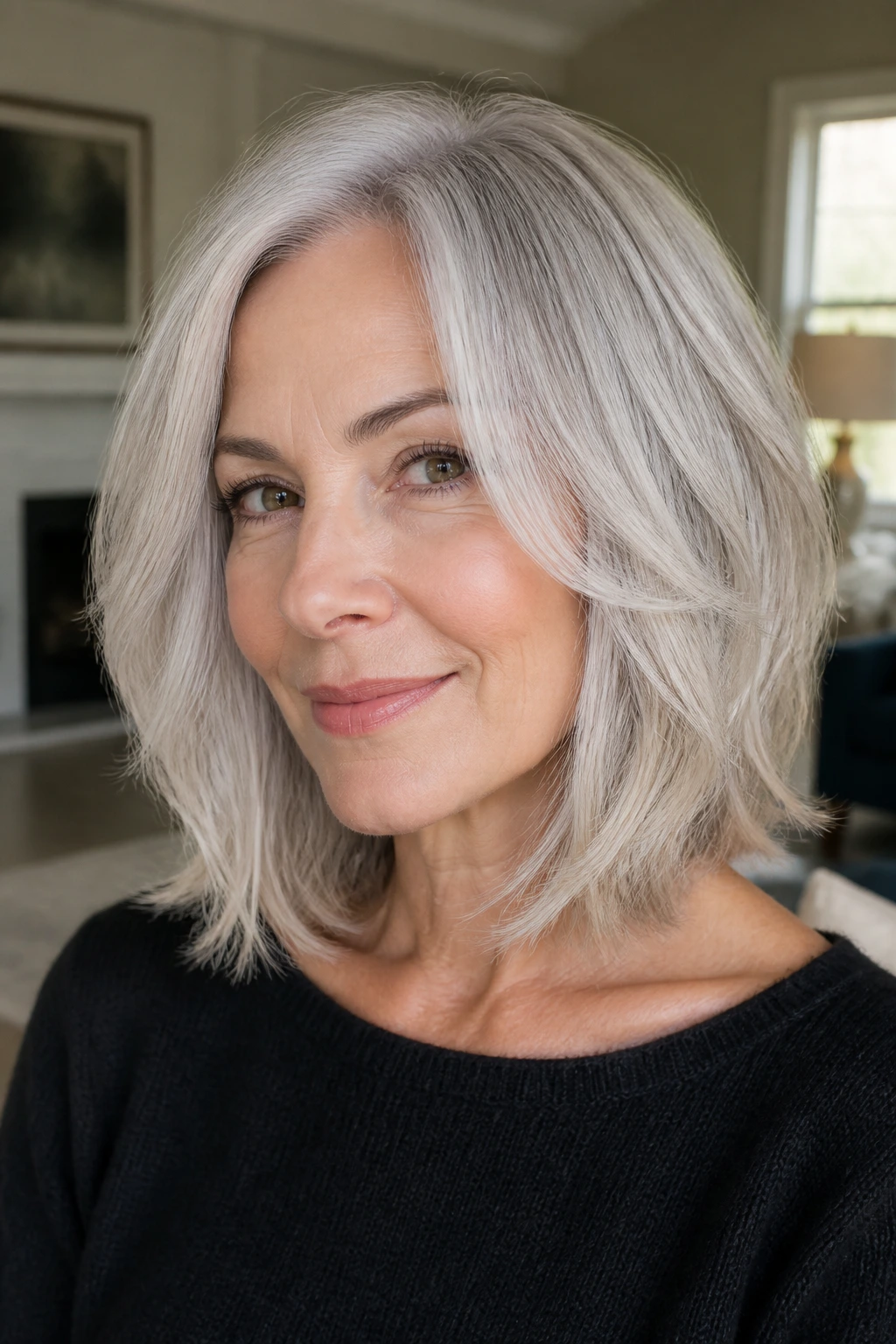 Close-up of a real silver-haired woman with soft feathering on a lob.
