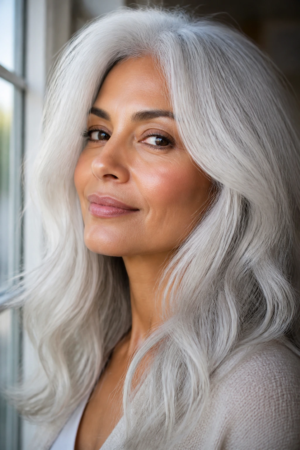 Portrait of a person with bright white-silver hair and minimal yellowing.