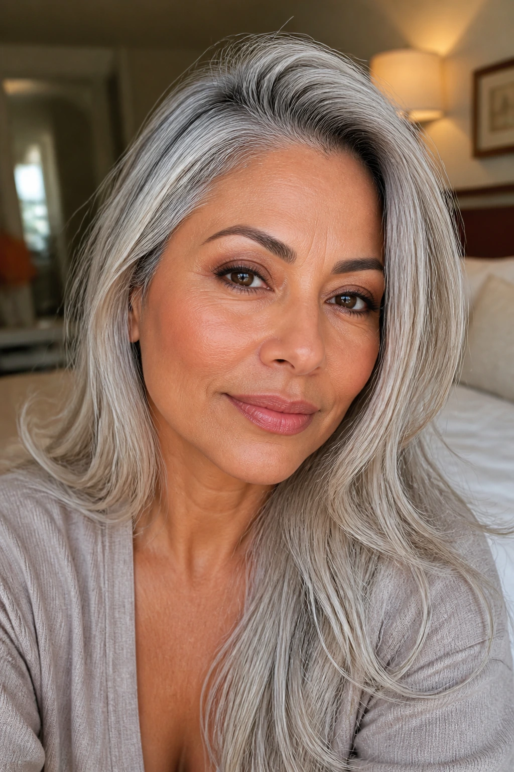 Portrait of a woman with white-silver hair and smoked root on medium skin.