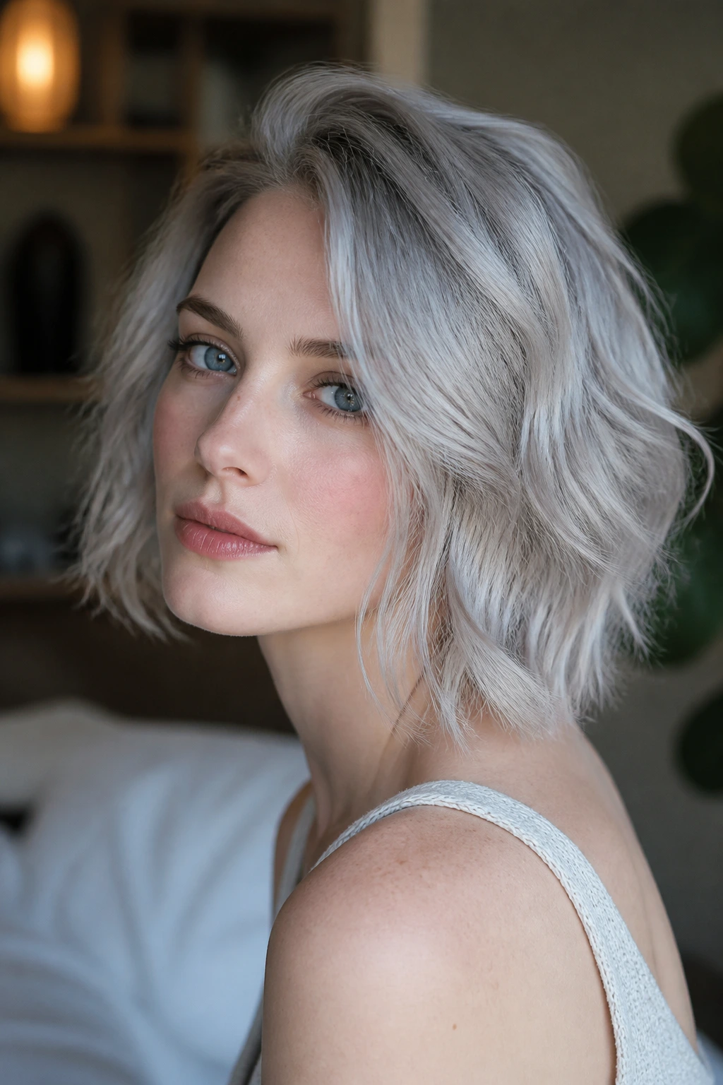 Close-up of pale-skinned person with metallic grey-silver hair in warm light.