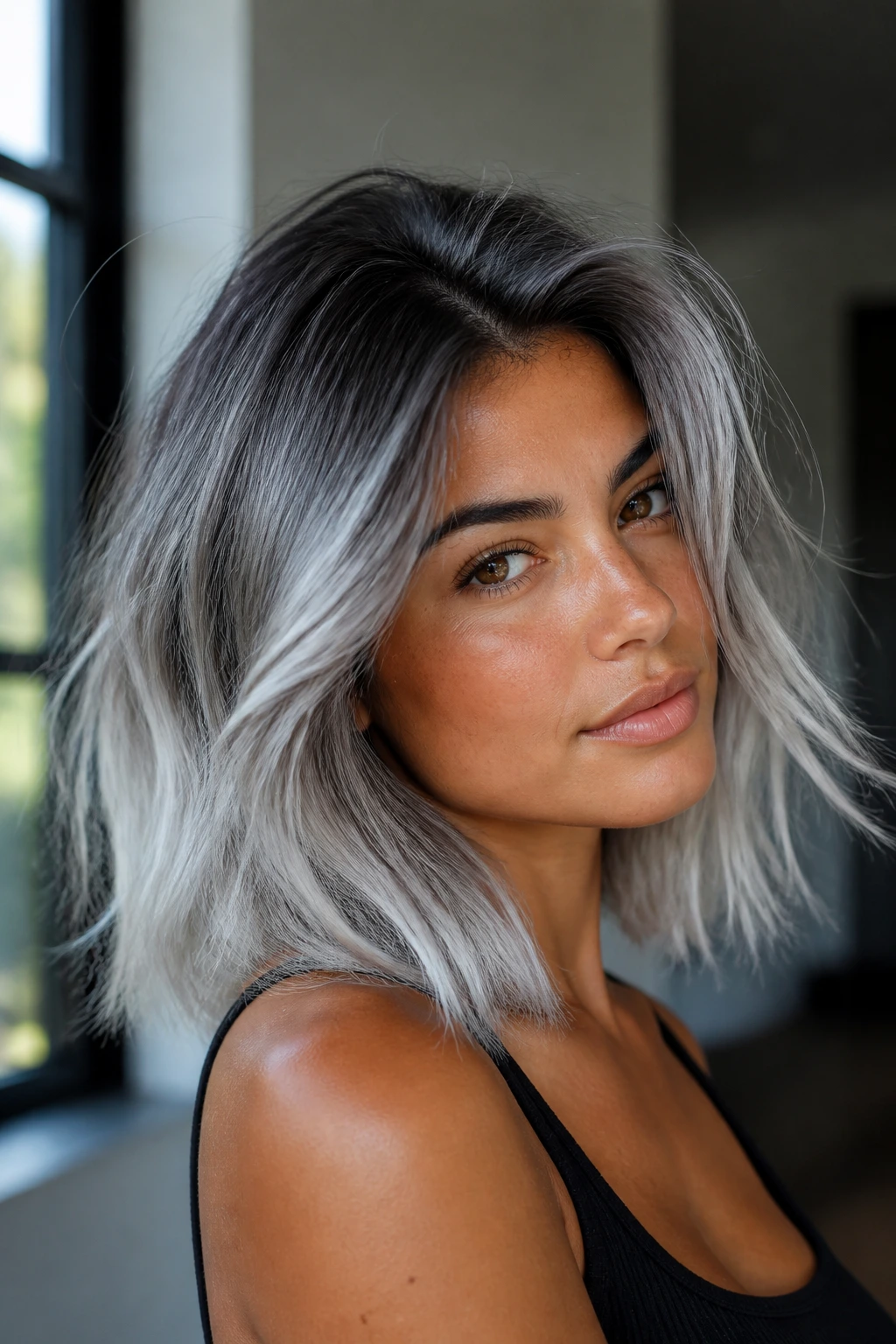 Portrait showing dark roots and silver gradient on hair with olive skin