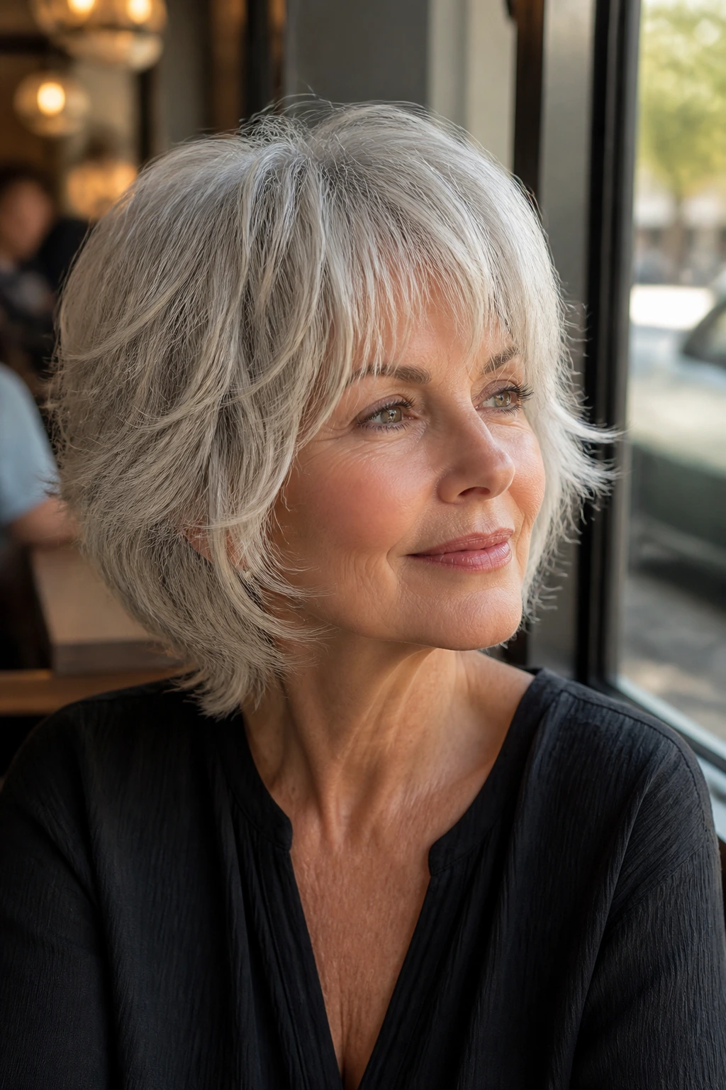 Close-up portrait of a real woman with Rounded Silver Shag hairstyle in soft window light.