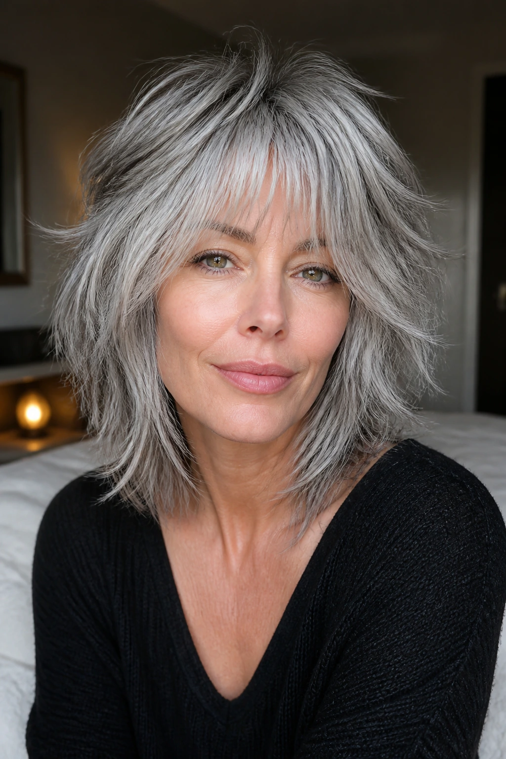 Portrait of a real woman with a silver shag hairstyle featuring piecey layers in natural window light