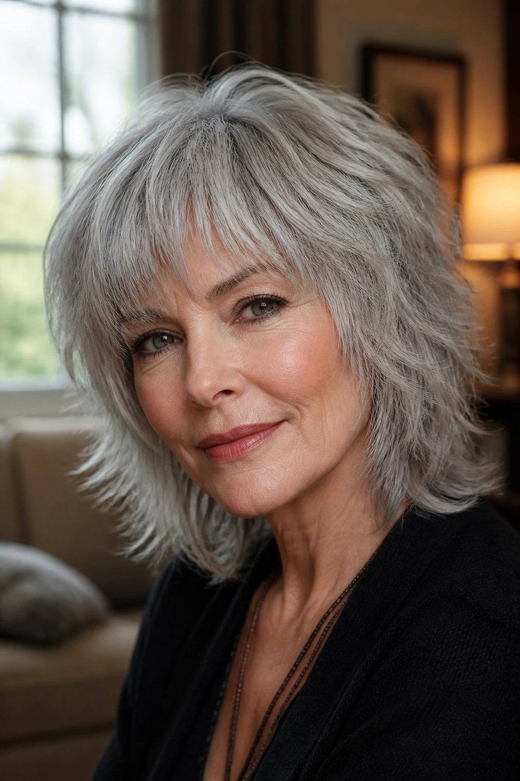 Close-up portrait of a real woman with silver fox shag showing airy layers and a light fringe