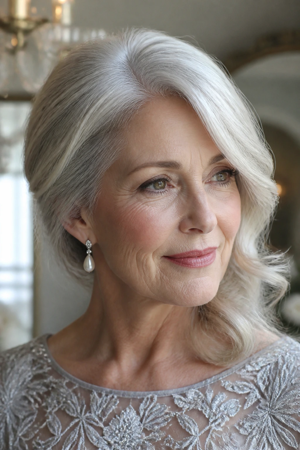 Close-up of a real woman with silver hair styled for soft directional shine
