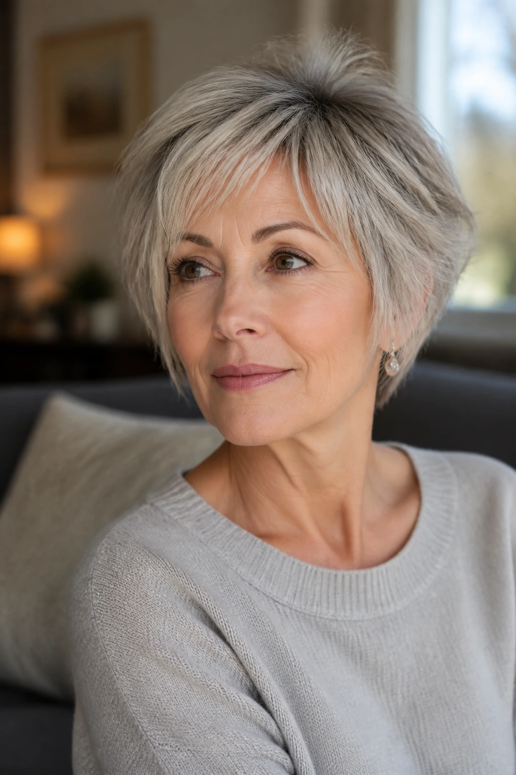 Portrait of a woman with a silver-soft short hairstyle and airy layers.