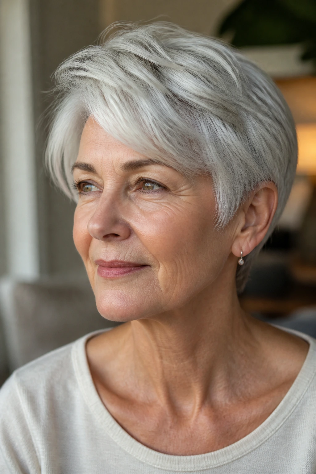 Woman with soft silver sweep short hairstyle in warm light