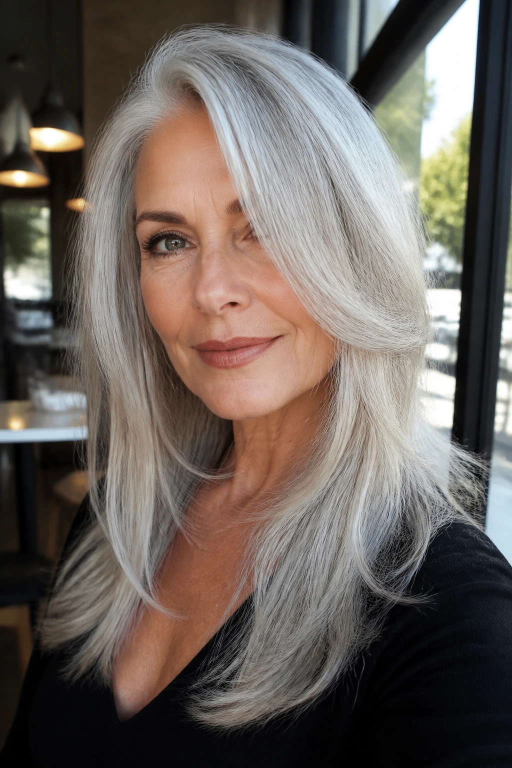 Silver-haired woman with deep side-part and cheek layers