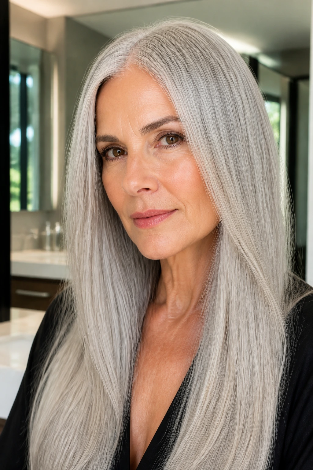 Portrait of a person with long sleek silver hair, smooth and glossy.
