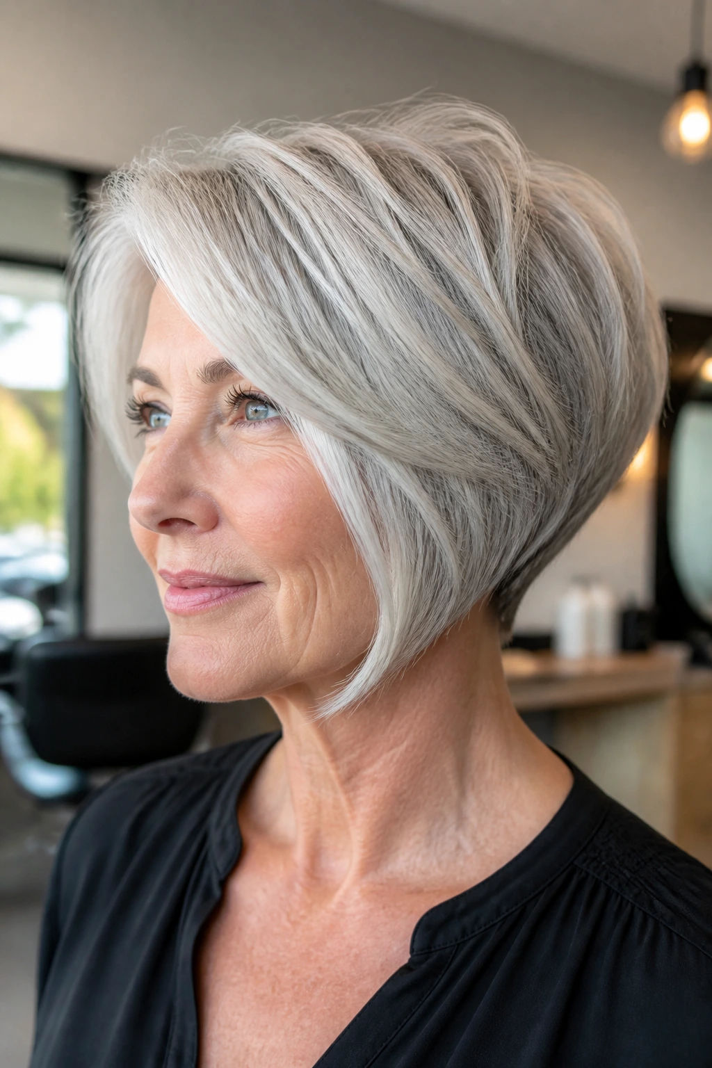 Portrait of a woman with silver crown-lifted stacked bob