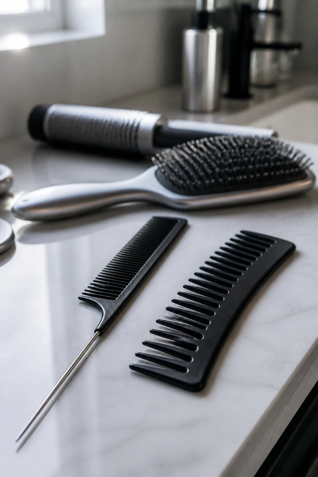 Macro shot of essential silver hair tools on bathroom counter