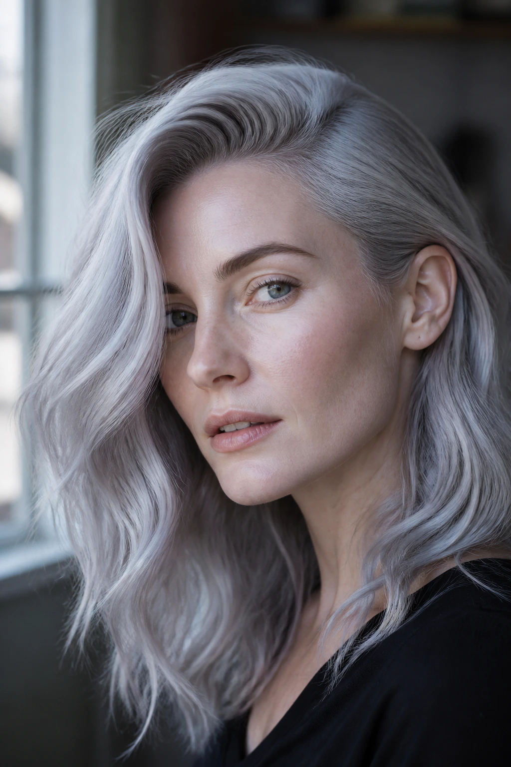 Close-up of side-swept silver waves on pale skin