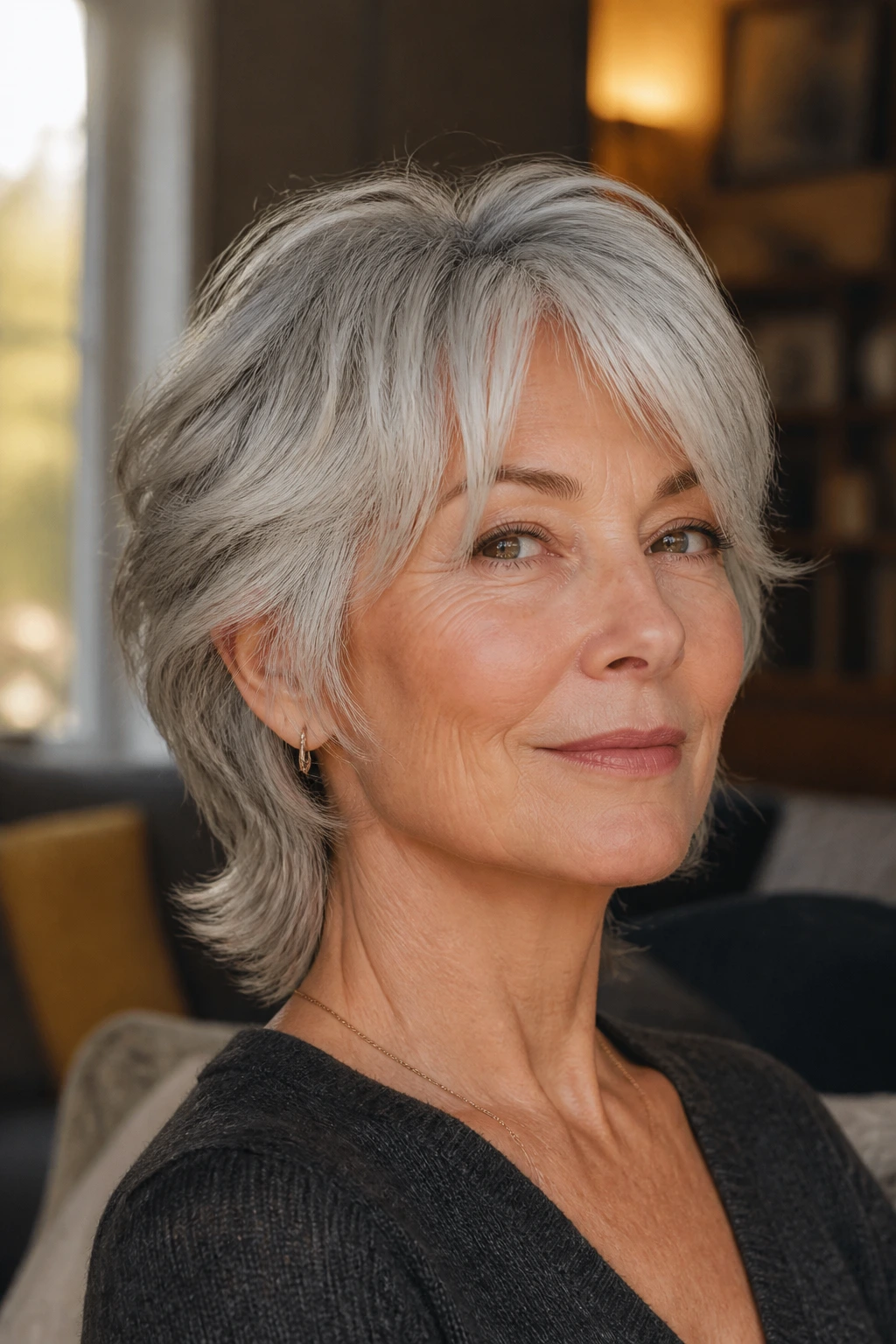 Close-up portrait of an older woman with a silver fox wolf cut lite and soft curtain bangs