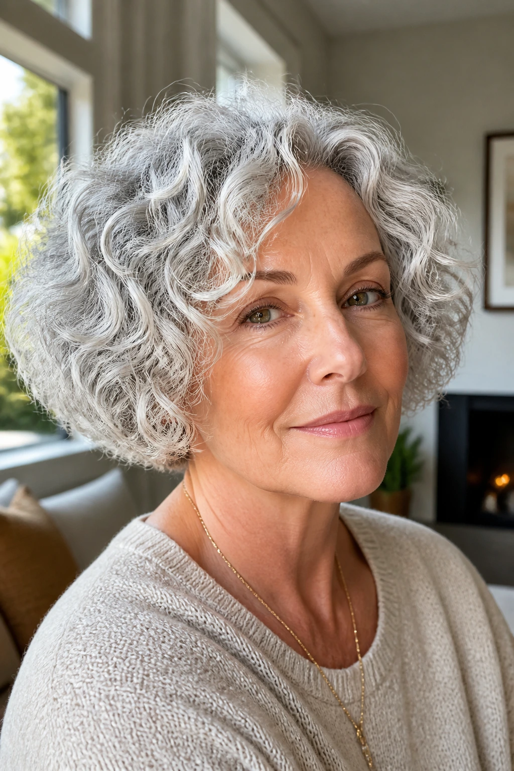 Portrait of a woman with a silver halo bob hairstyle