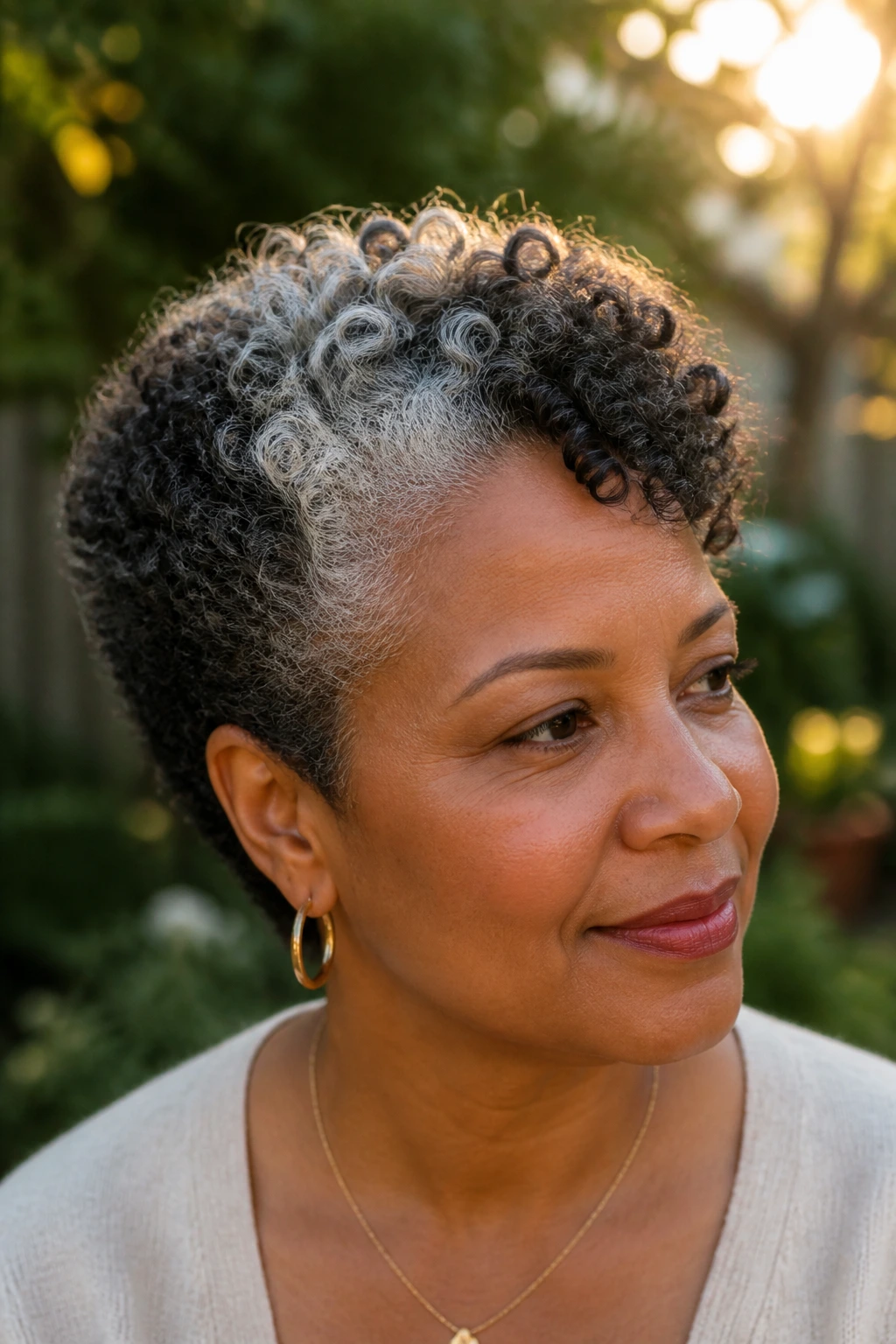 Close-up of a real woman with a silver halo coil cut and crown lift