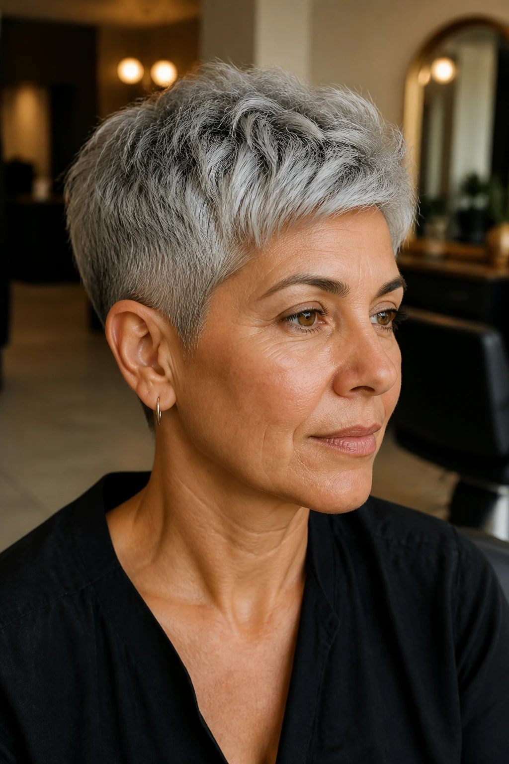 Close-up portrait of a real person with a silver halo crop.