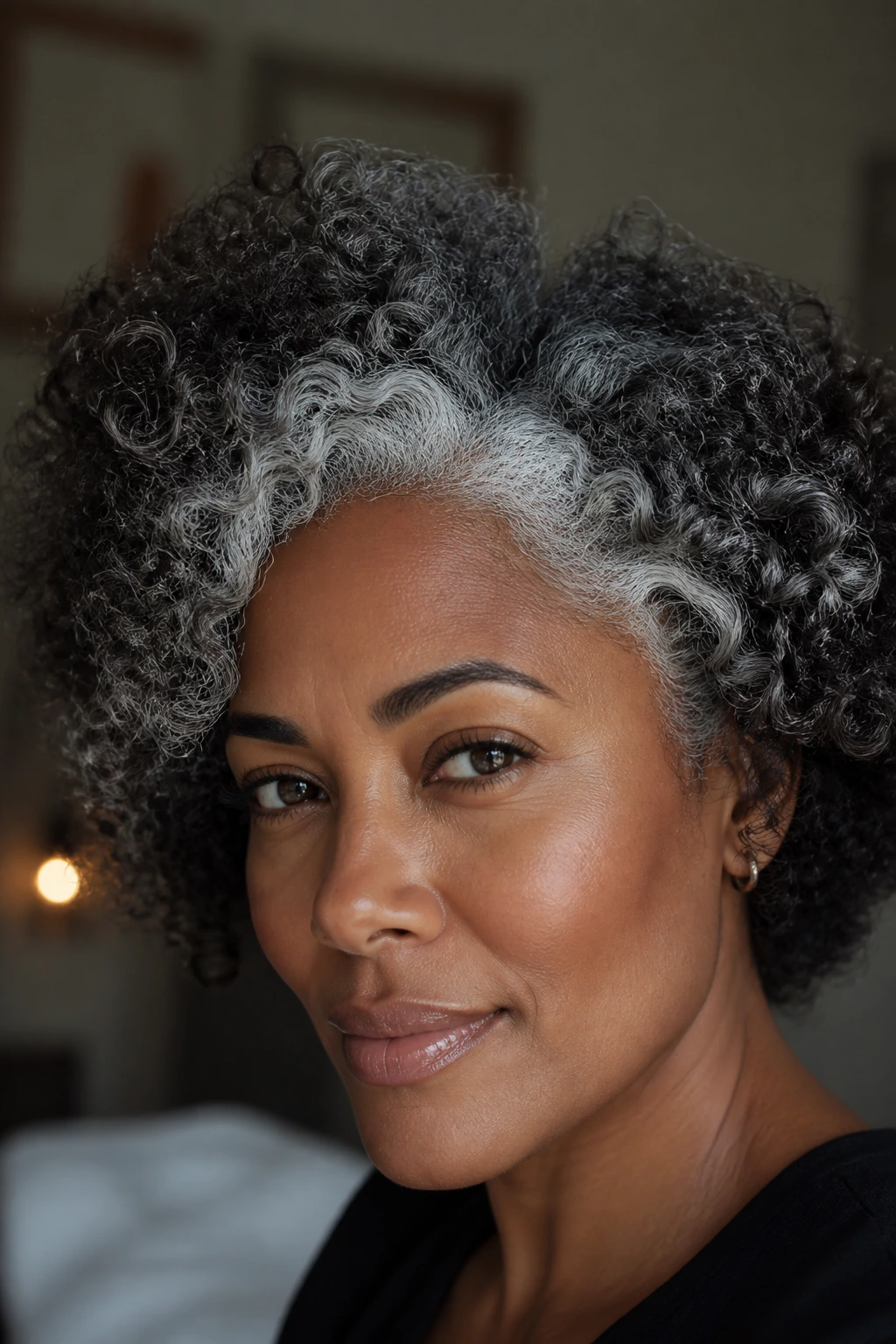 Close-up with silver halo highlights around temple area on dark hair