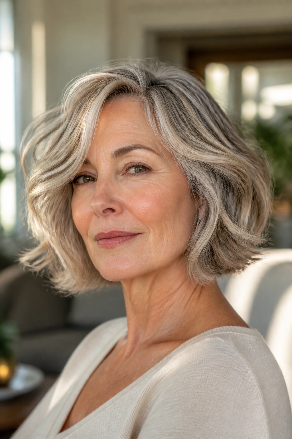 Close-up portrait of a real woman with silver-highlighted soft-bend bob