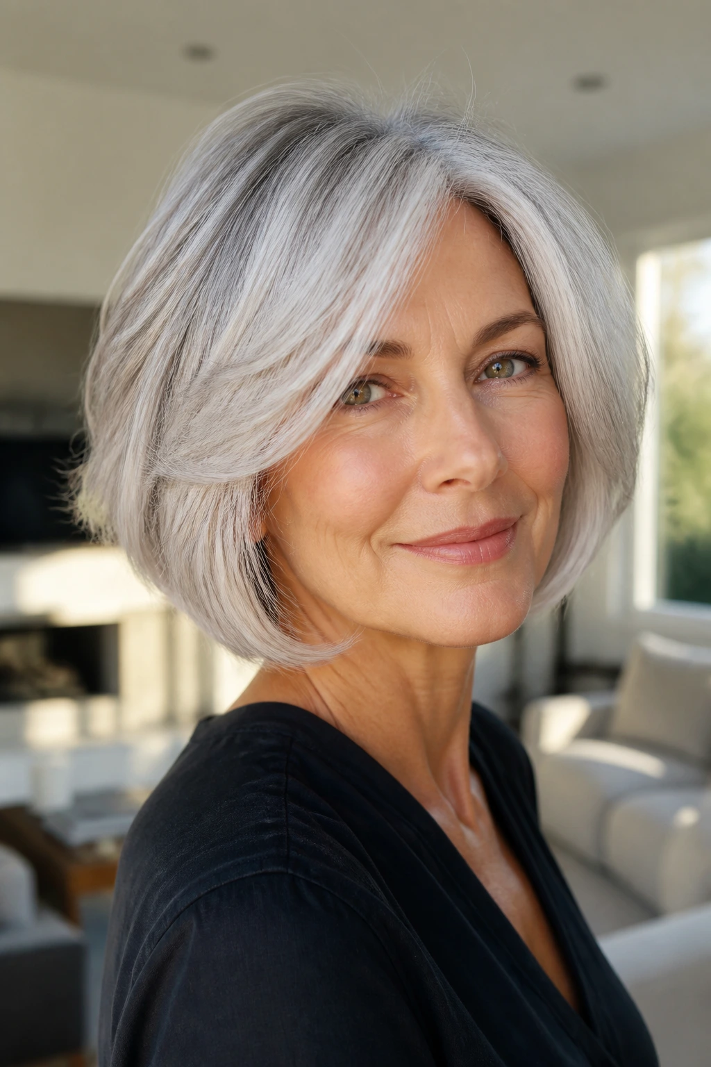 Close-up of a real woman with silver layered bob in bright daylight setting