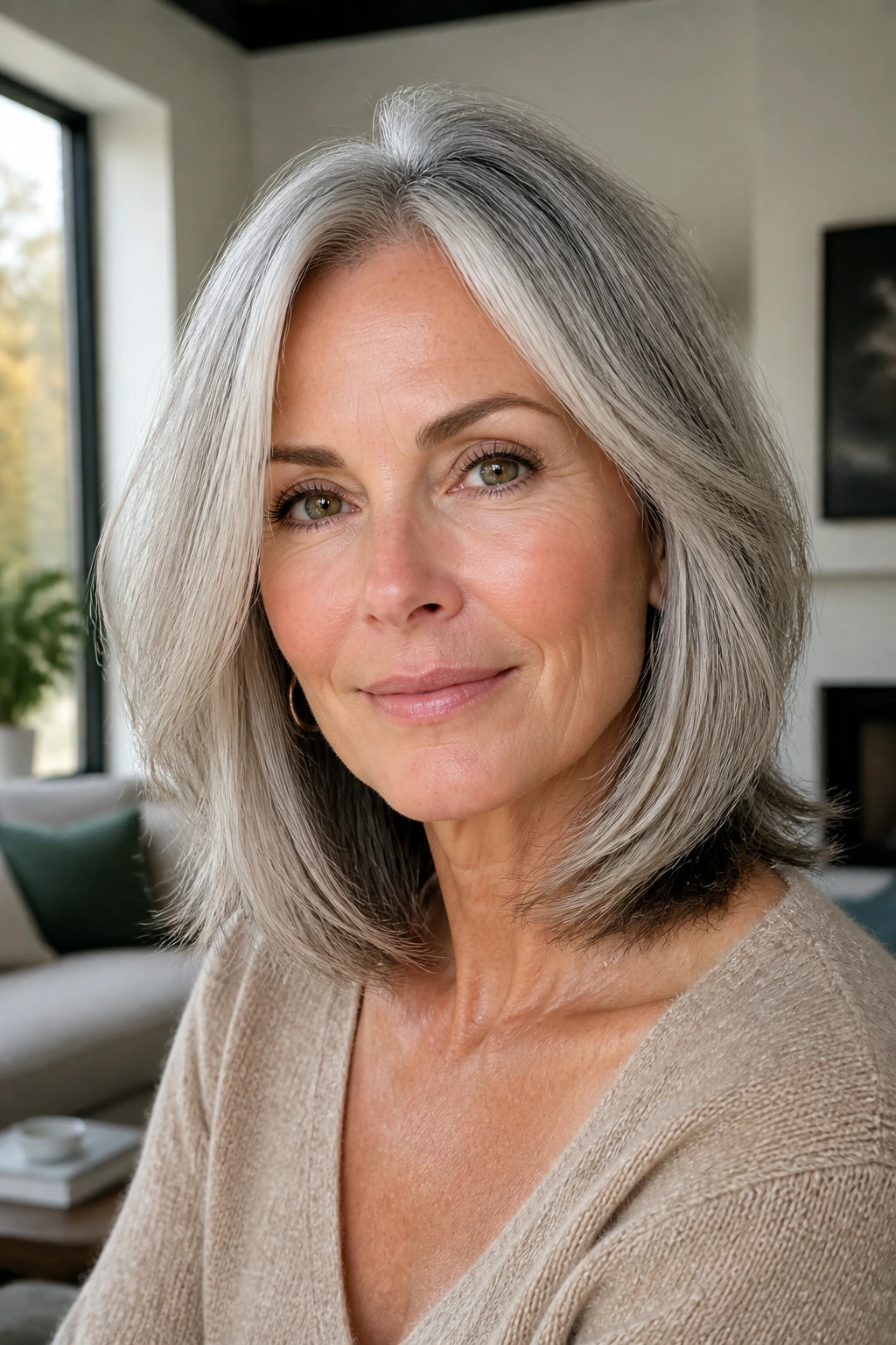 Close-up of a real woman with silver-gray layered lob in soft light