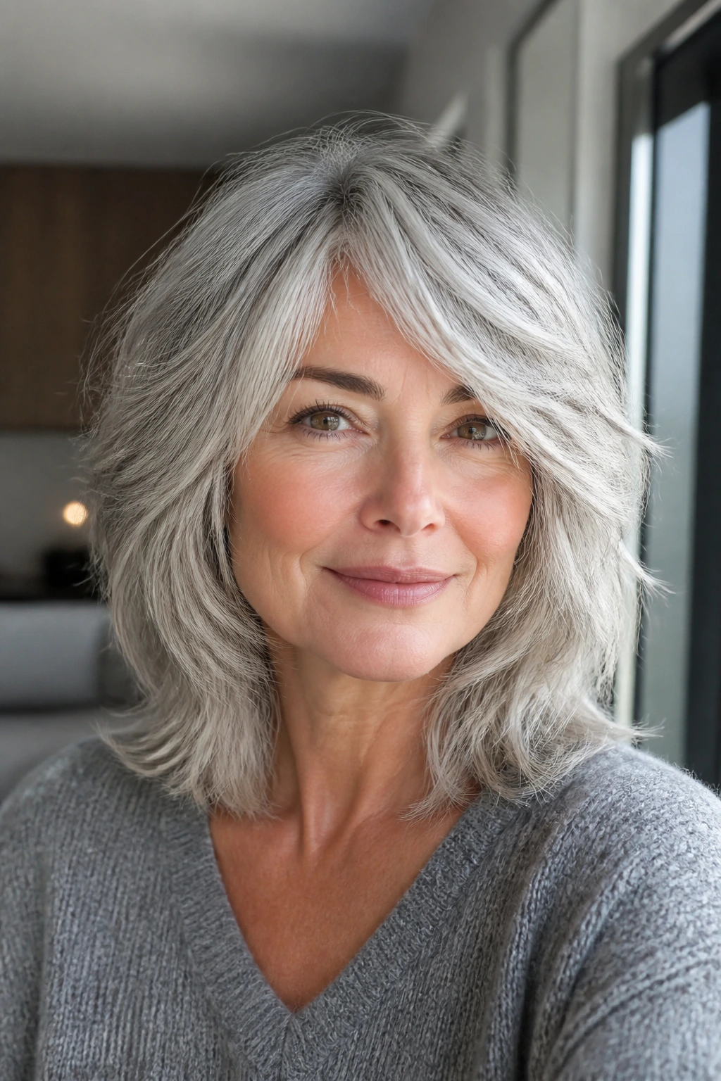 Real woman with silver layered shag and side-swept part