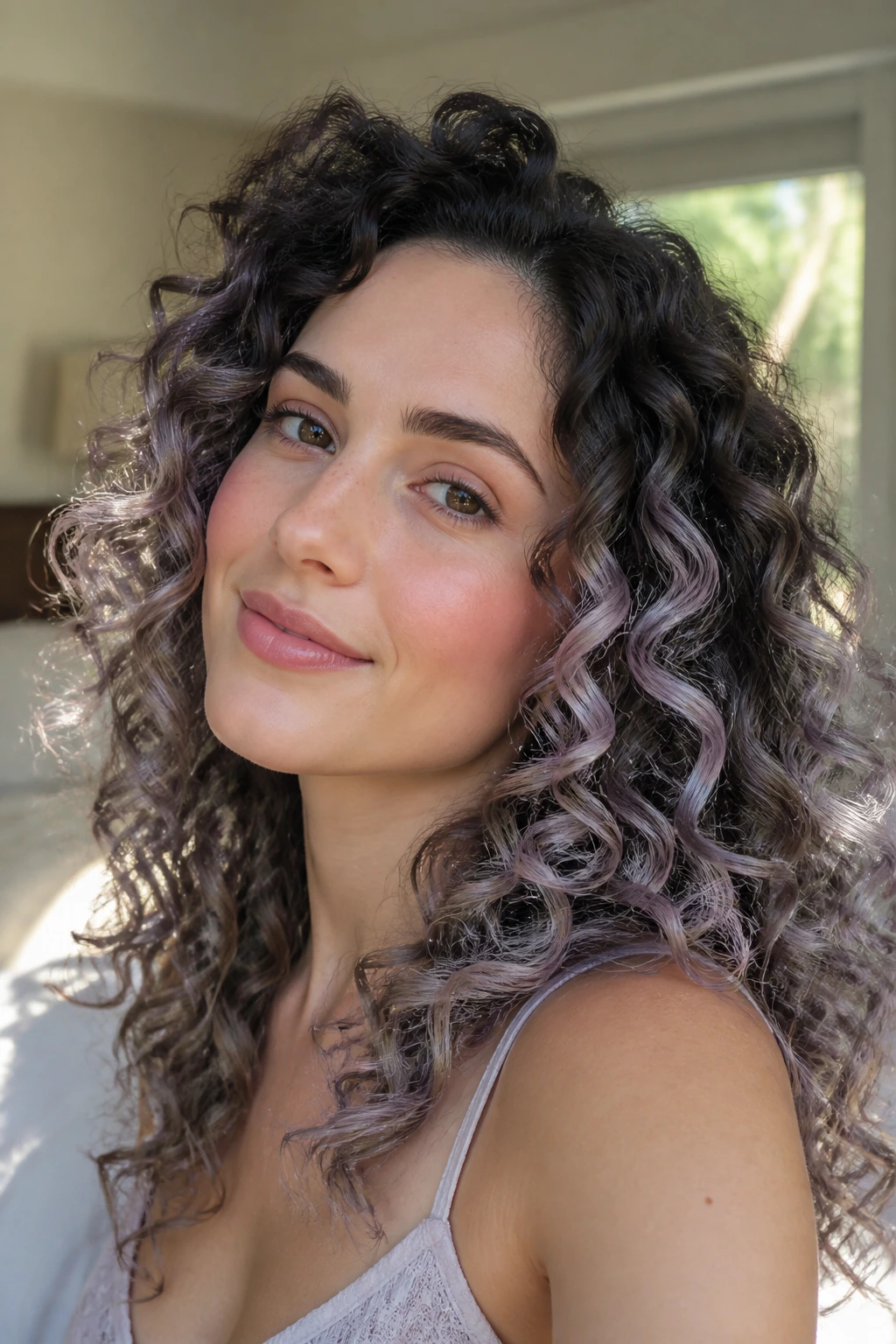 Close-up of brunette curls with silver lilac sheen in natural window light