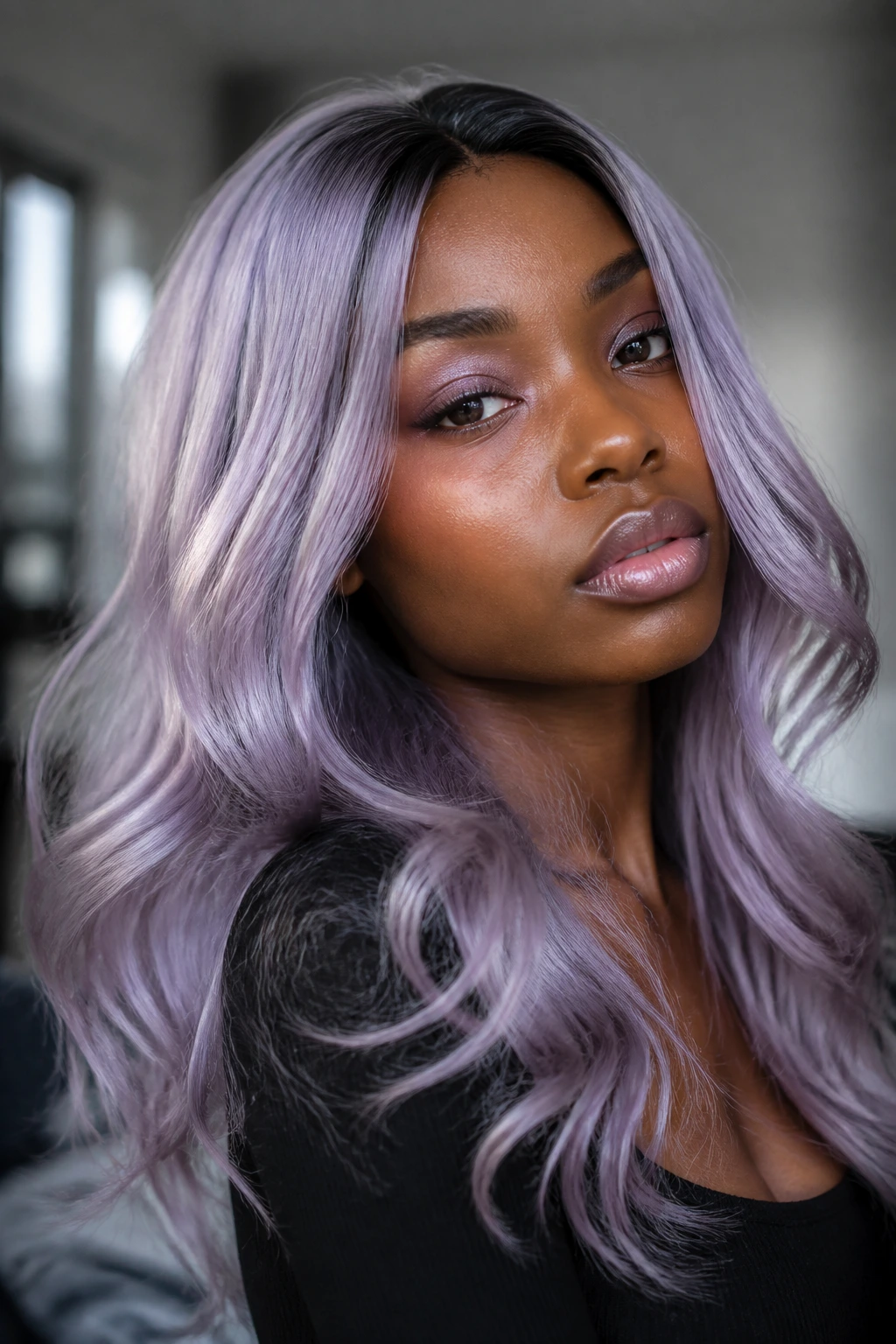 Close-up of a real person with silver-lilac hair under cool window light