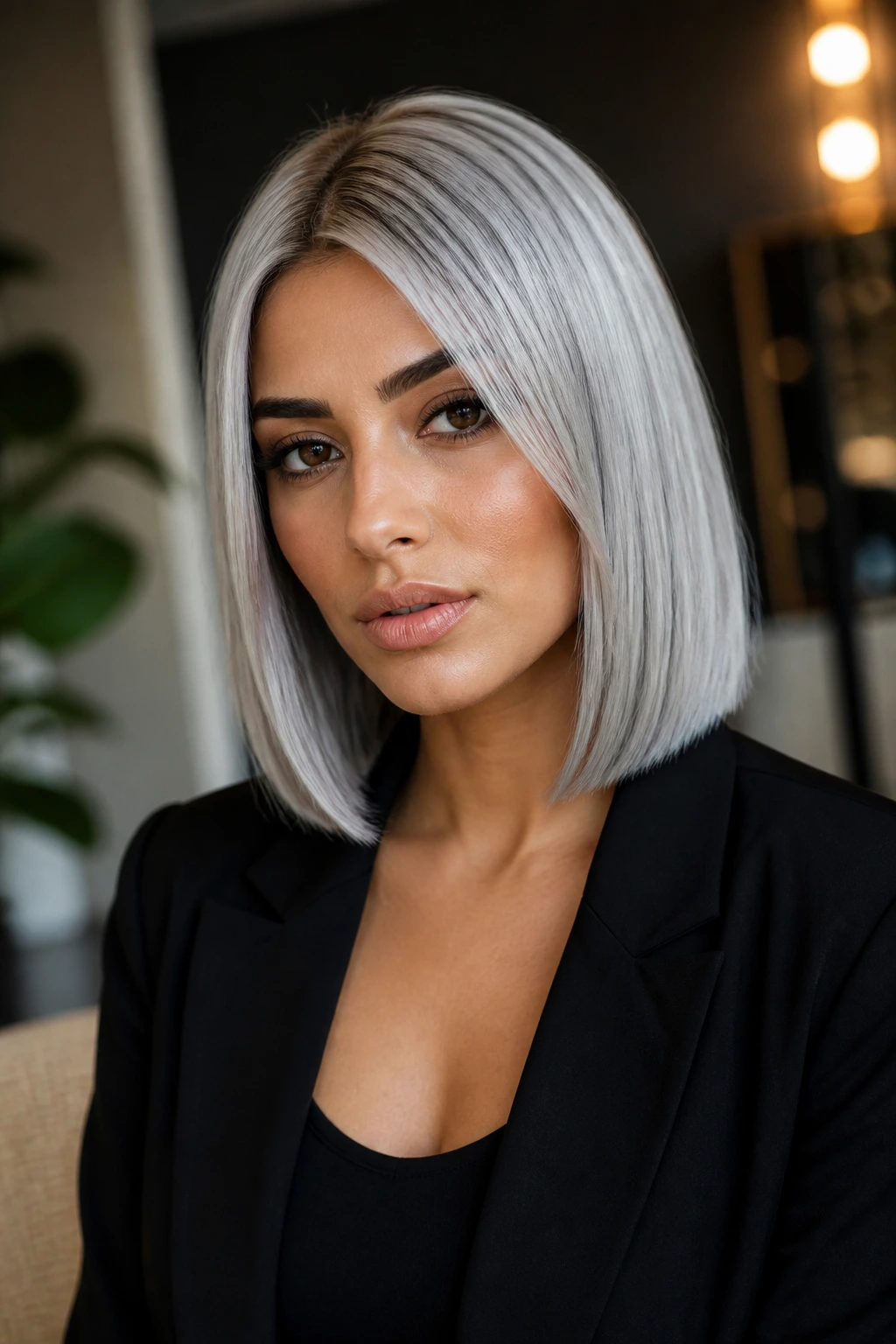 Close-up of olive-skinned person with metallic silver lob hair