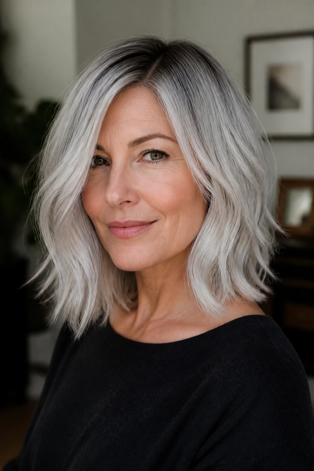 Portrait of a real person with an airy silver lob and root shadow in soft indoor light