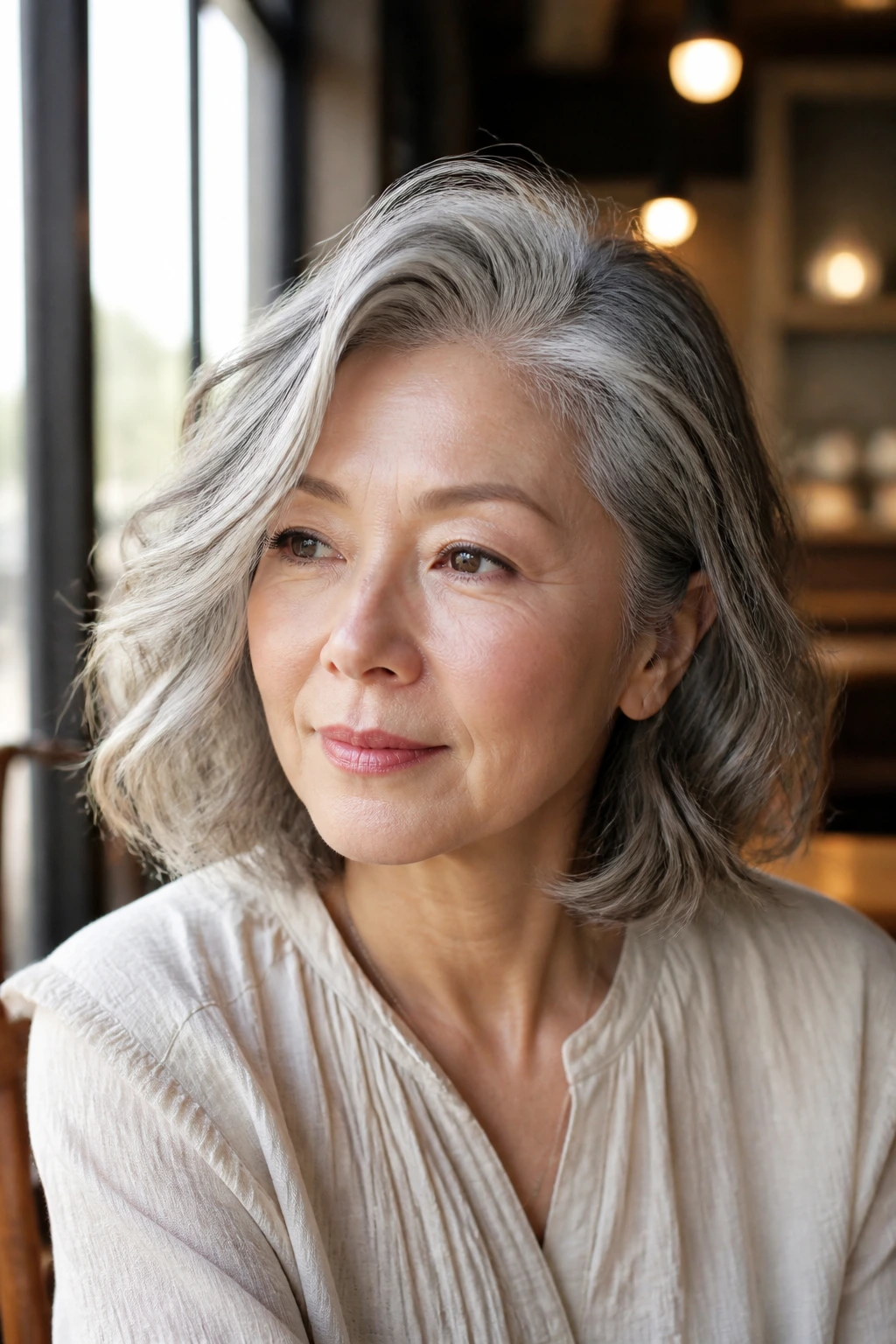 Close-up of a real woman with a side-part silver lob and temple lift