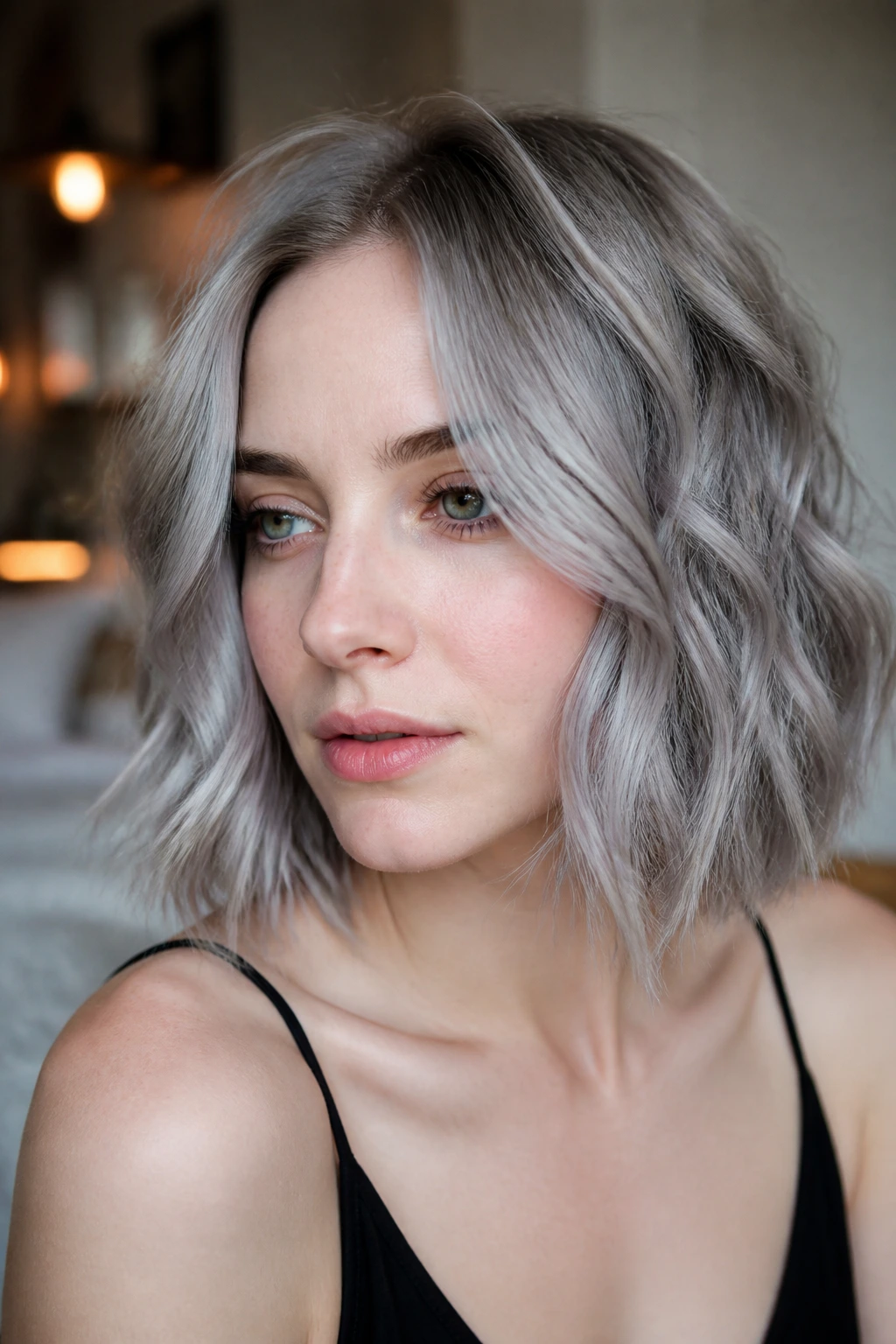 Close-up portrait of a person with a metallic lob and broken waves