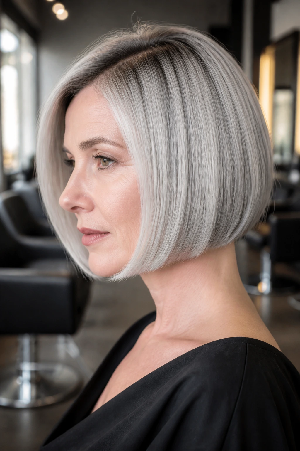 Close-up portrait of a person with icy micro bob and root shadow